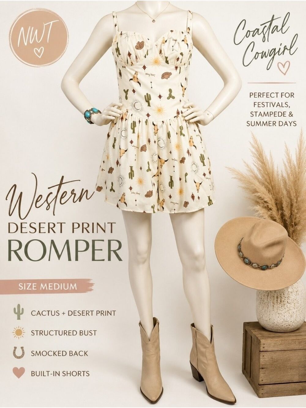 Western Desert Print Romper Lumiere NWT Medium Cactus Festival Stampede - Picture 11 of 11